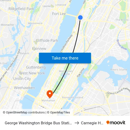George Washington Bridge Bus Station to Carnegie Hall map