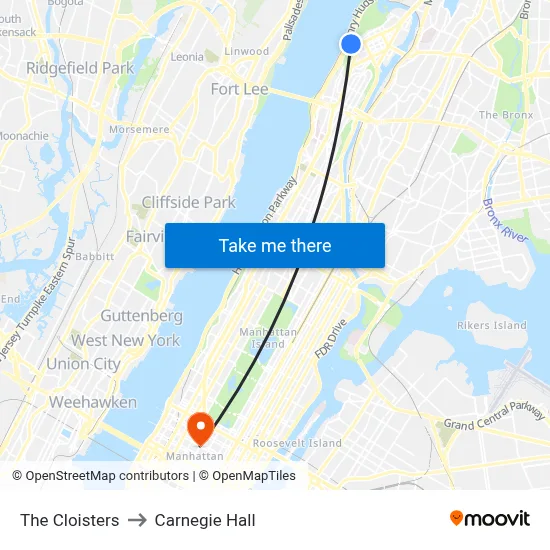 The Cloisters to Carnegie Hall map