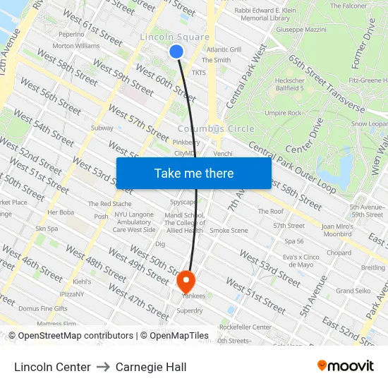 Lincoln Center to Carnegie Hall map