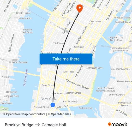 Brooklyn Bridge to Carnegie Hall map