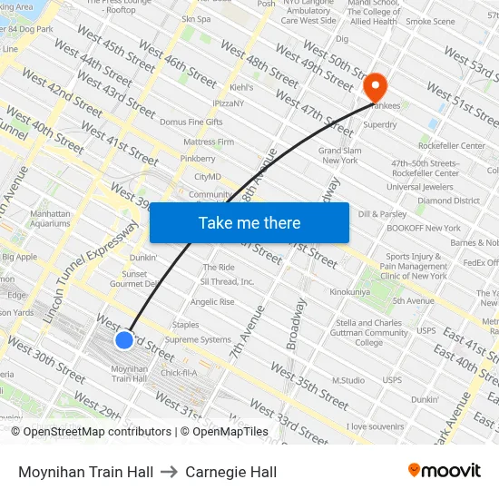 Moynihan Train Hall to Carnegie Hall map