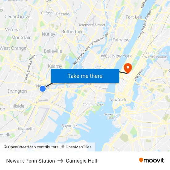 Newark Penn Station to Carnegie Hall map