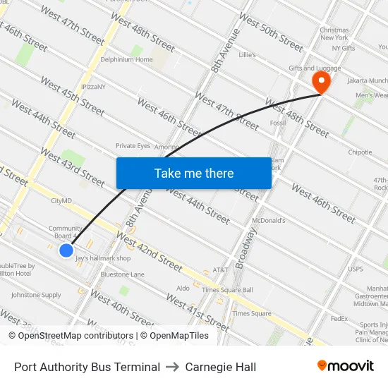 Port Authority Bus Terminal to Carnegie Hall map