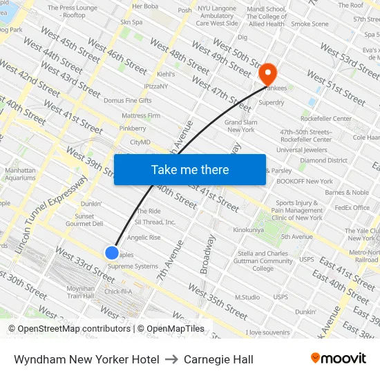 Wyndham New Yorker Hotel to Carnegie Hall map