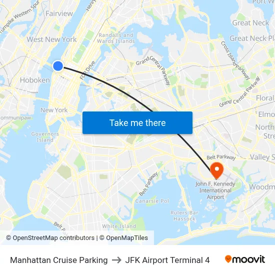 Manhattan Cruise Parking to JFK Airport Terminal 4 map