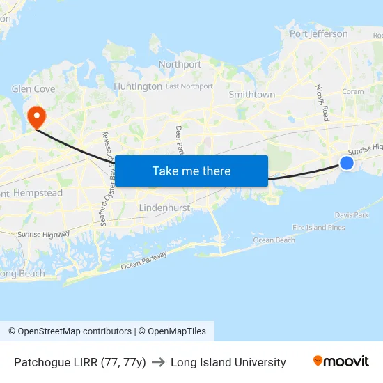 Patchogue LIRR (77, 77y) to Long Island University map