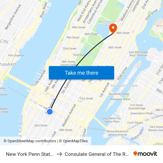 New York Penn Station to Consulate General of The Russi map