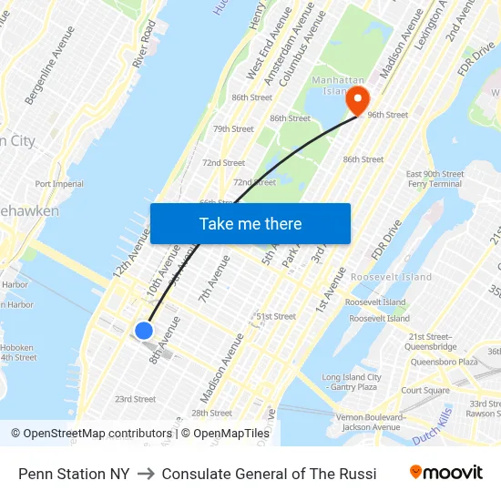 Penn Station NY to Consulate General of The Russi map