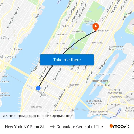 New York NY Penn Station to Consulate General of The Russi map