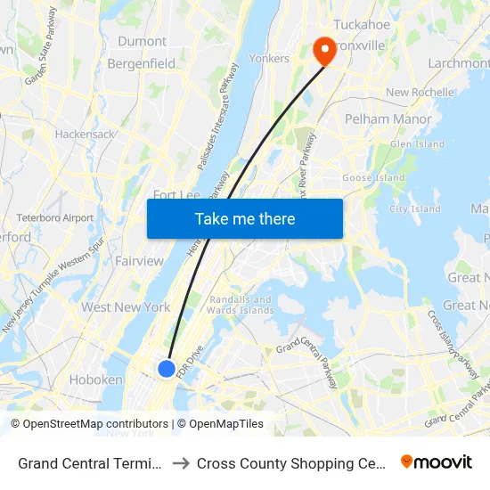 Grand Central Terminal to Cross County Shopping Center map