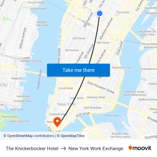 The Knickerbocker Hotel to New York Work Exchange map
