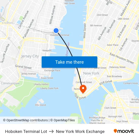 Hoboken Terminal Lot to New York Work Exchange map