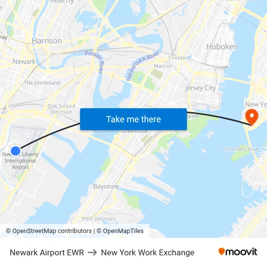 Newark Airport EWR to New York Work Exchange map