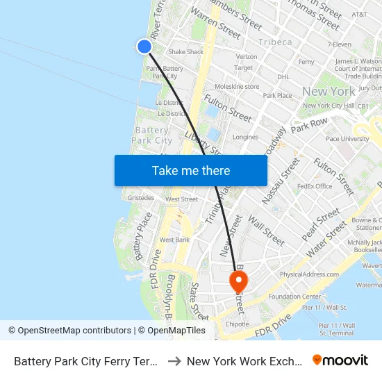 Battery Park City Ferry Terminal to New York Work Exchange map