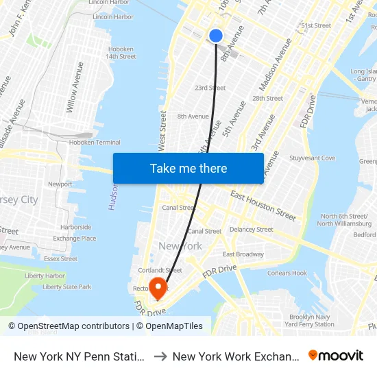 New York NY Penn Station to New York Work Exchange map