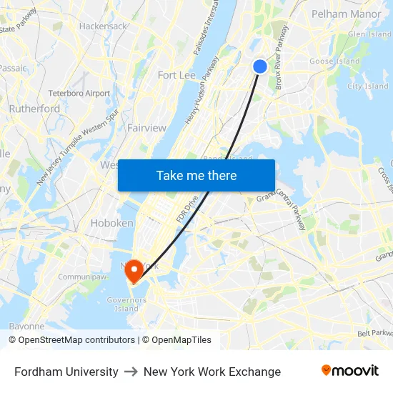 Fordham University to New York Work Exchange map