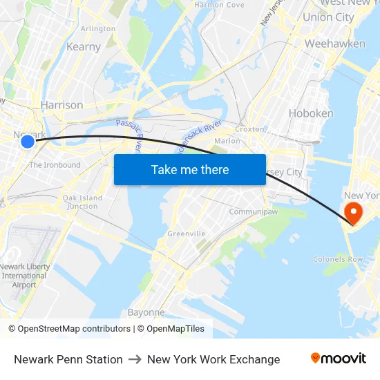 Newark Penn Station to New York Work Exchange map