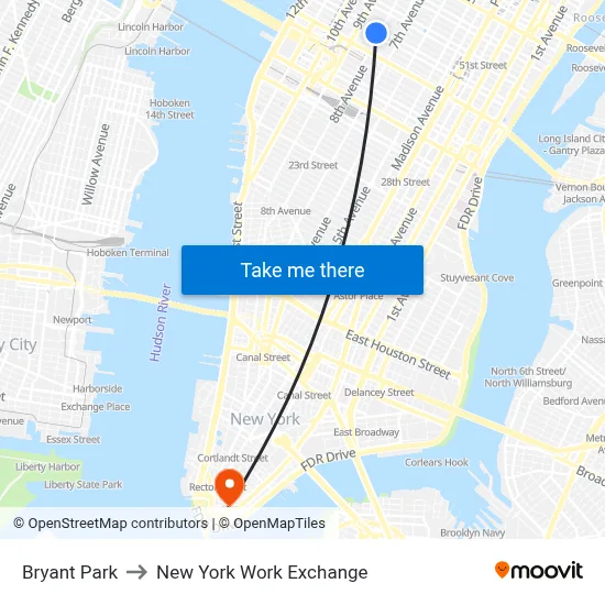 Bryant Park to New York Work Exchange map