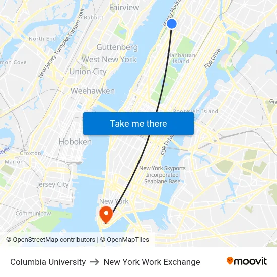 Columbia University to New York Work Exchange map