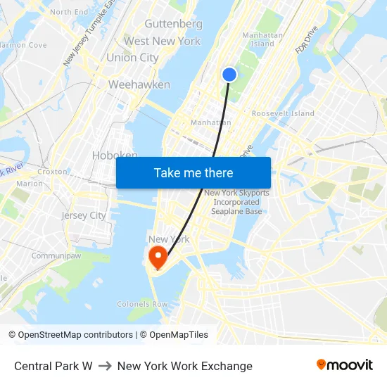 Central Park W to New York Work Exchange map
