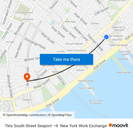 Tkts South Street Seaport to New York Work Exchange map
