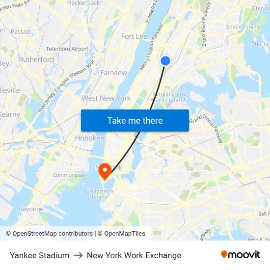 Yankee Stadium to New York Work Exchange map