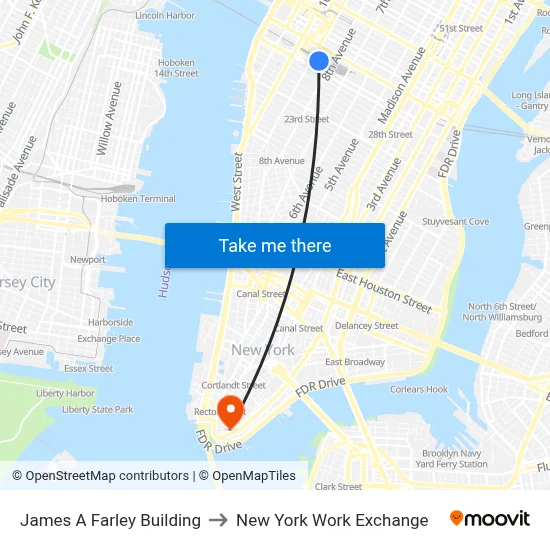 James A Farley Building to New York Work Exchange map