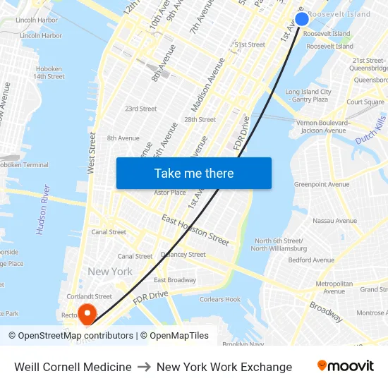 Weill Cornell Medicine, 425 E 61st St to New York Work Exchange map