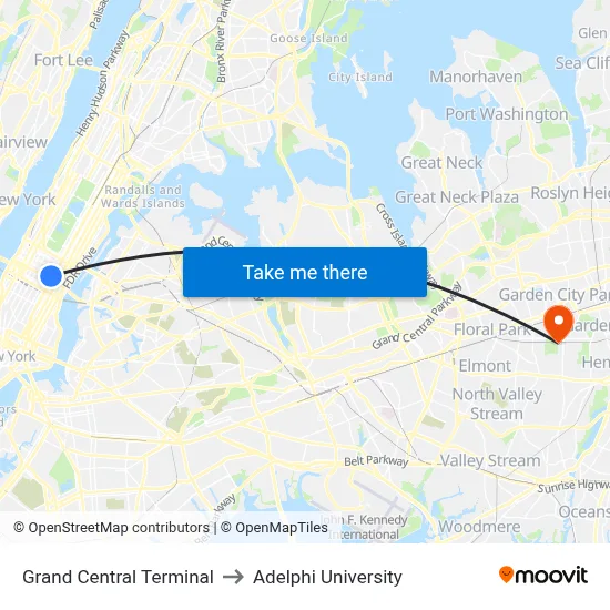 Grand Central Terminal to Adelphi University map