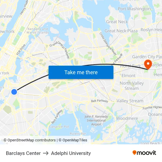 Barclays Center to Adelphi University map