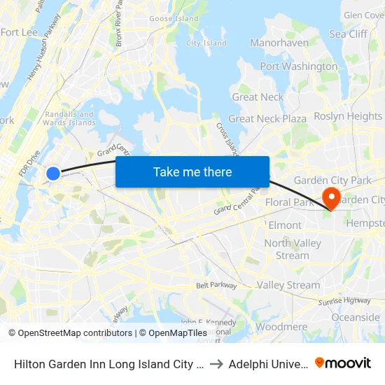 Hilton Garden Inn Long Island City Queens to Adelphi University map
