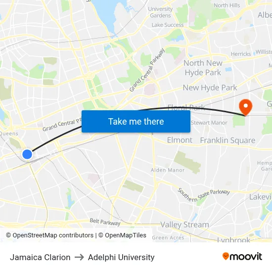 Jamaica Clarion to Adelphi University map