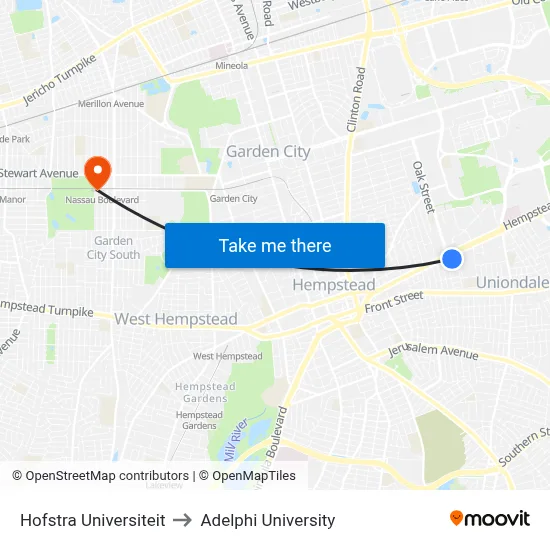Hofstra Universiteit to Adelphi University map