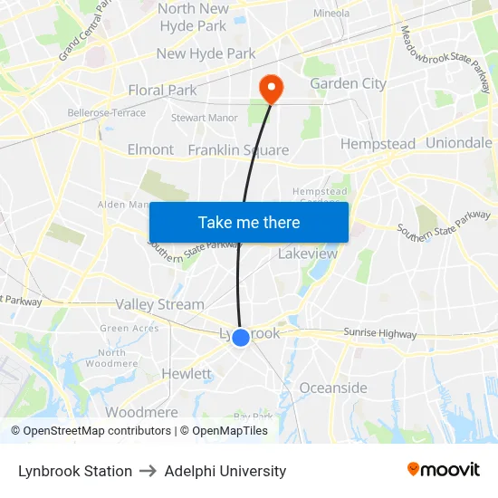Lynbrook Station to Adelphi University map