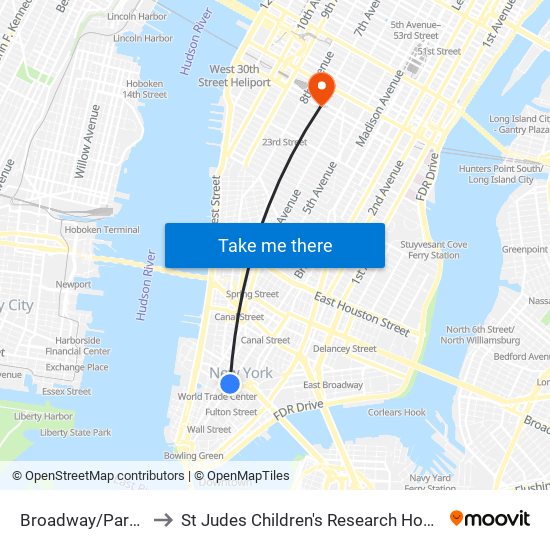 Broadway/Park Pl to St Judes Children's Research Hospital map