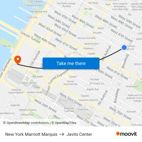 New York Marriott Marquis to Javits Center map
