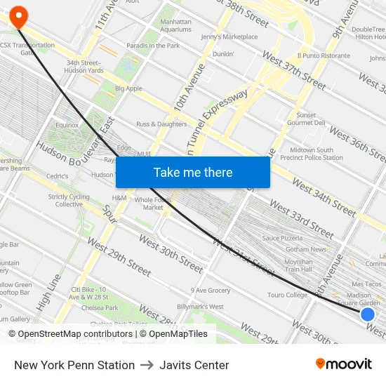 New York Penn Station to Javits Center map
