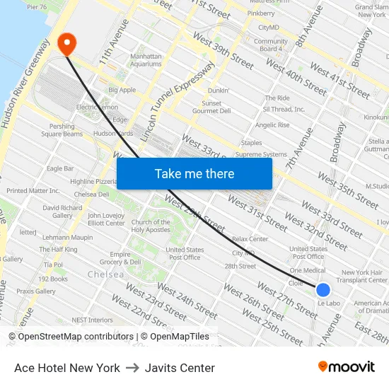 Ace Hotel New York to Javits Center map