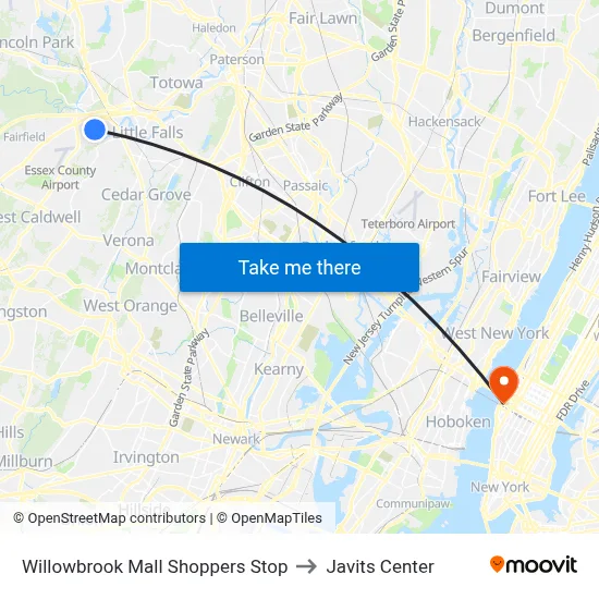 Willowbrook Mall Shoppers Stop to Javits Center map