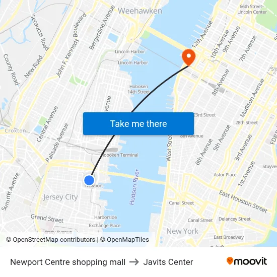 Newport Centre shopping mall to Javits Center map