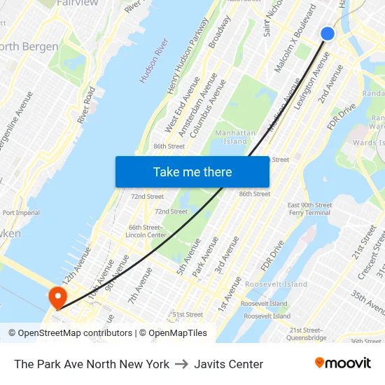 The Park Ave North New York to Javits Center map