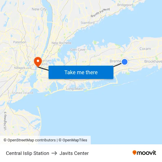Central Islip Station to Javits Center map