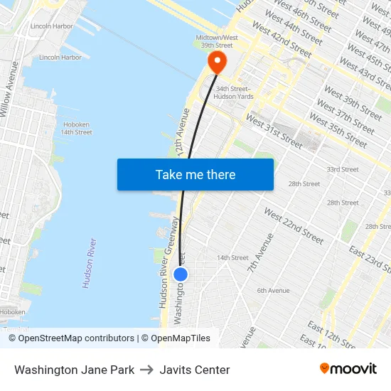Washington Jane Park to Javits Center map