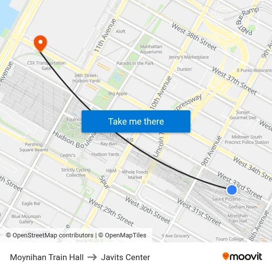 Moynihan Train Hall to Javits Center map