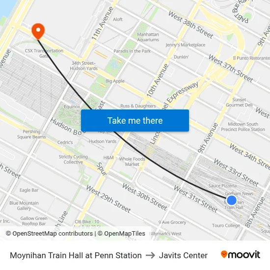 Moynihan Train Hall at Penn Station to Javits Center map