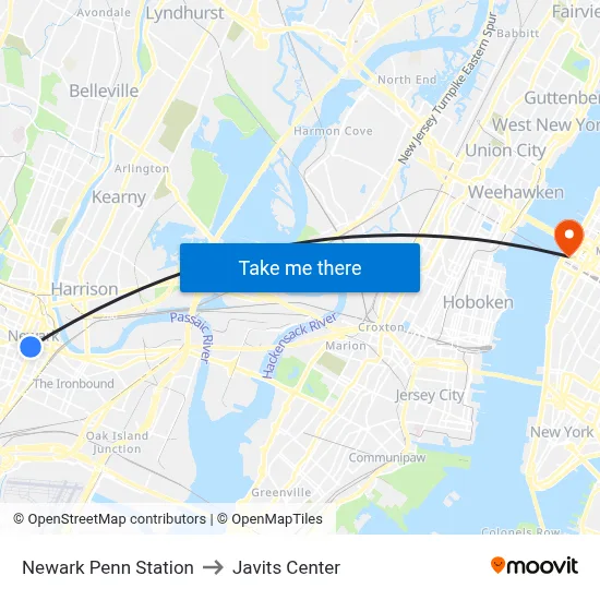 Newark Penn Station to Javits Center map