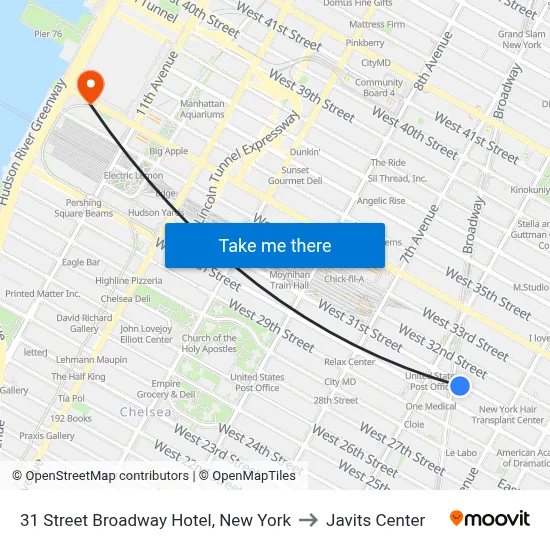 31 Street Broadway Hotel, New York to Javits Center map