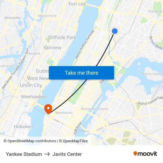 Yankee Stadium to Javits Center map