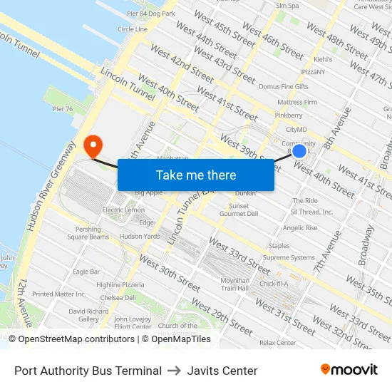 Port Authority Bus Terminal to Javits Center map