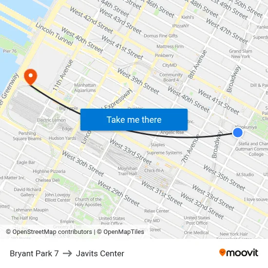 Bryant Park 7 to Javits Center map